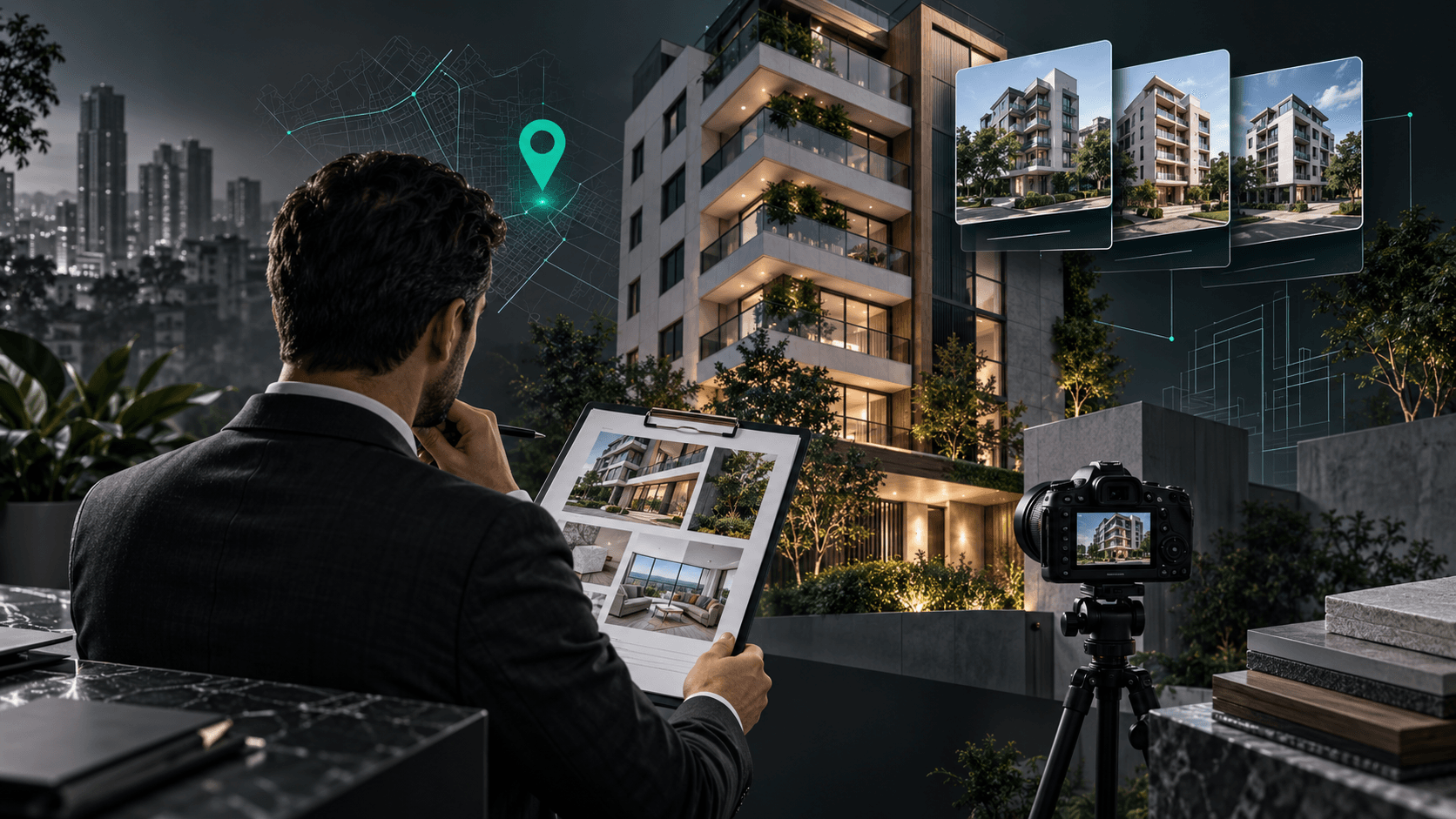 Avaliador observa edifício residencial, fotografias comparáveis, mapa abstrato e câmera de vistoria.