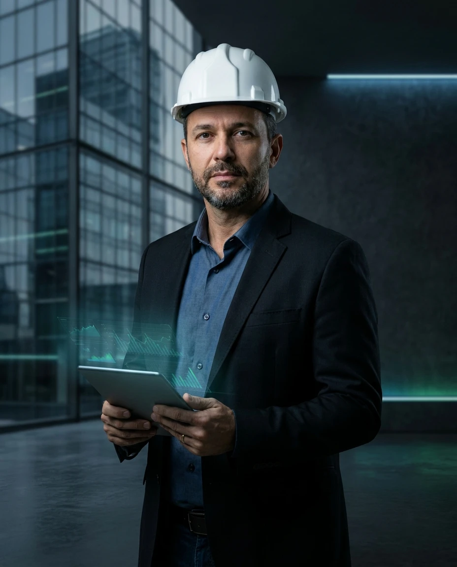 Engenheiro de capacete com tablet diante de torre de vidro